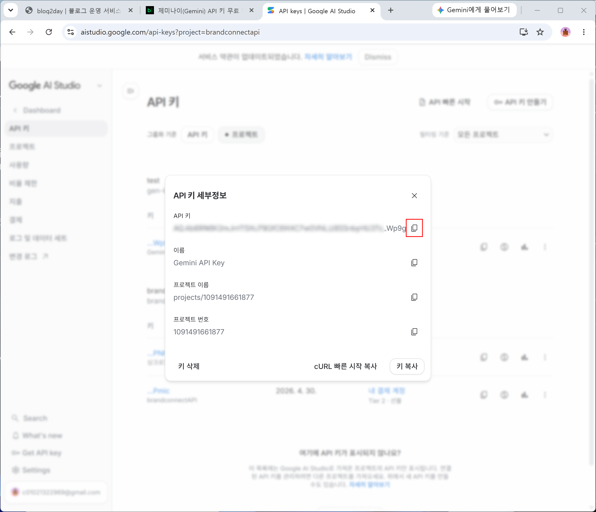 API 키 세부정보 창에서 API 키 복사 아이콘을 선택하는 화면